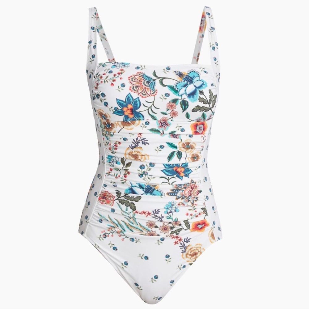 Johnny Was Ruched Multi White Floral One Piece Swimsuit - Picture 10 of 11